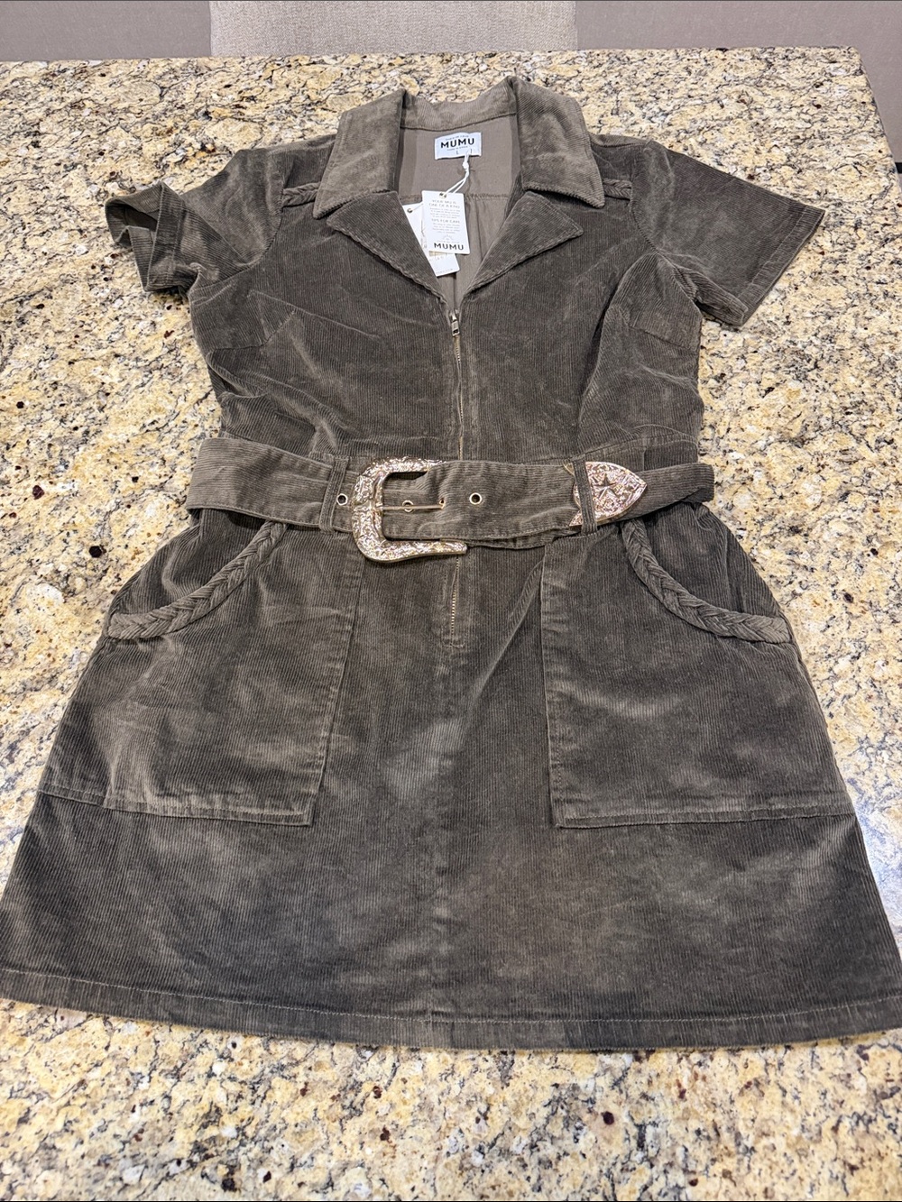 Show Me Your MuMu Short Sleeve Corduroy Mini Dress in Olive